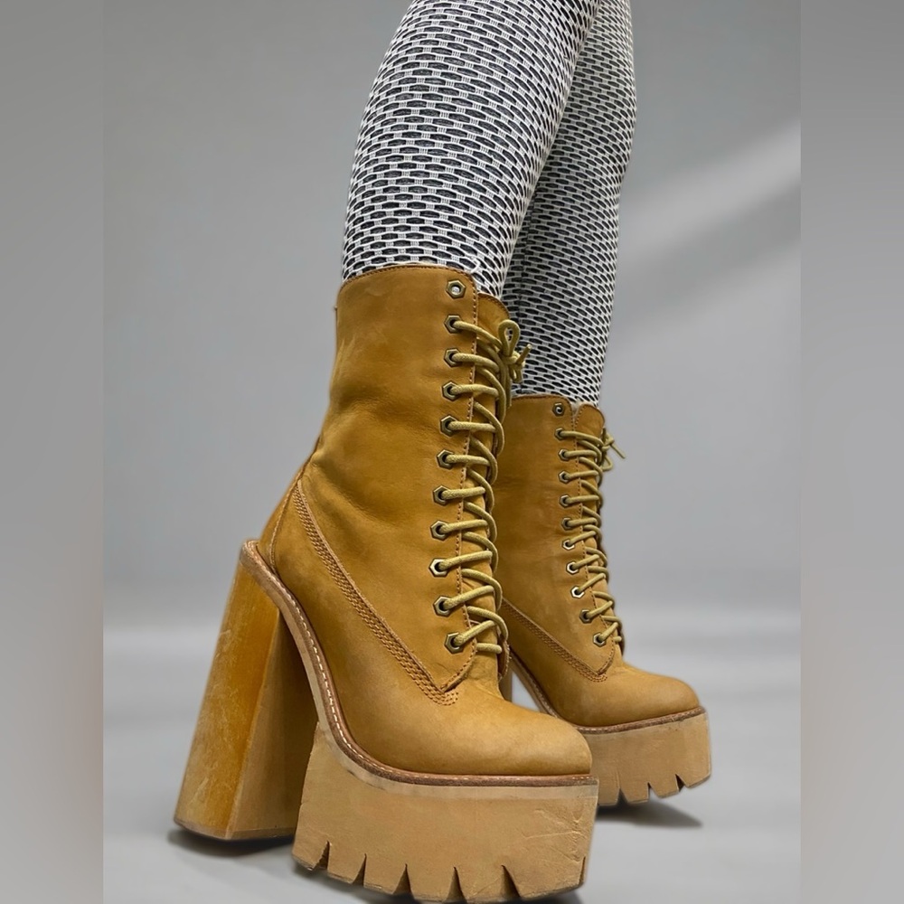 Jeffrey Campbell Tan In Charge Nubuck Leather Shearling Wood Platform Boots - Picture 2 of 15